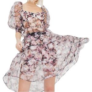 For Love and Lemons Women Faye Sheer‎ Floral Puff Sleeve Midi Dress